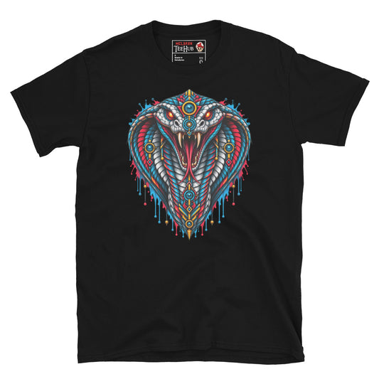 Black king cobra sacred geometry fantasy art t-shirt with breathtaking symmetrical cobra in full strike pose featuring glowing red eyes third eye blue orb flared hood and gold geometric spine detailing
