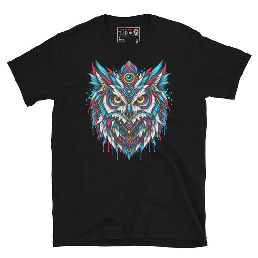 Black owl sacred geometry spirit animal t-shirt with breathtaking front-facing owl portrait featuring intense orange eyes blue third eye orb gold crown teal red feather mane and geometric chest detailing