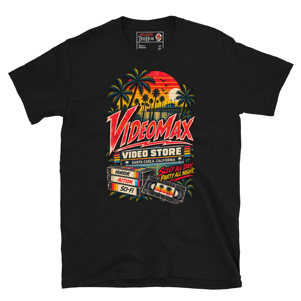 Black Lost Boys VideoMax Video Store t-shirt with retro California sunset design featuring VideoMax Santa Carla California sign palm trees pier VHS tapes labelled Horror Action Sci-Fi and Sleep All Day Party All Night typography