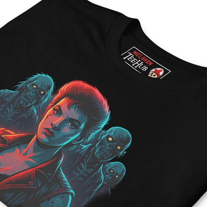 Black T-shirt with a neon-style illustration of Trash from Return of the Living Dead surrounded by zombies and the movie's title in red