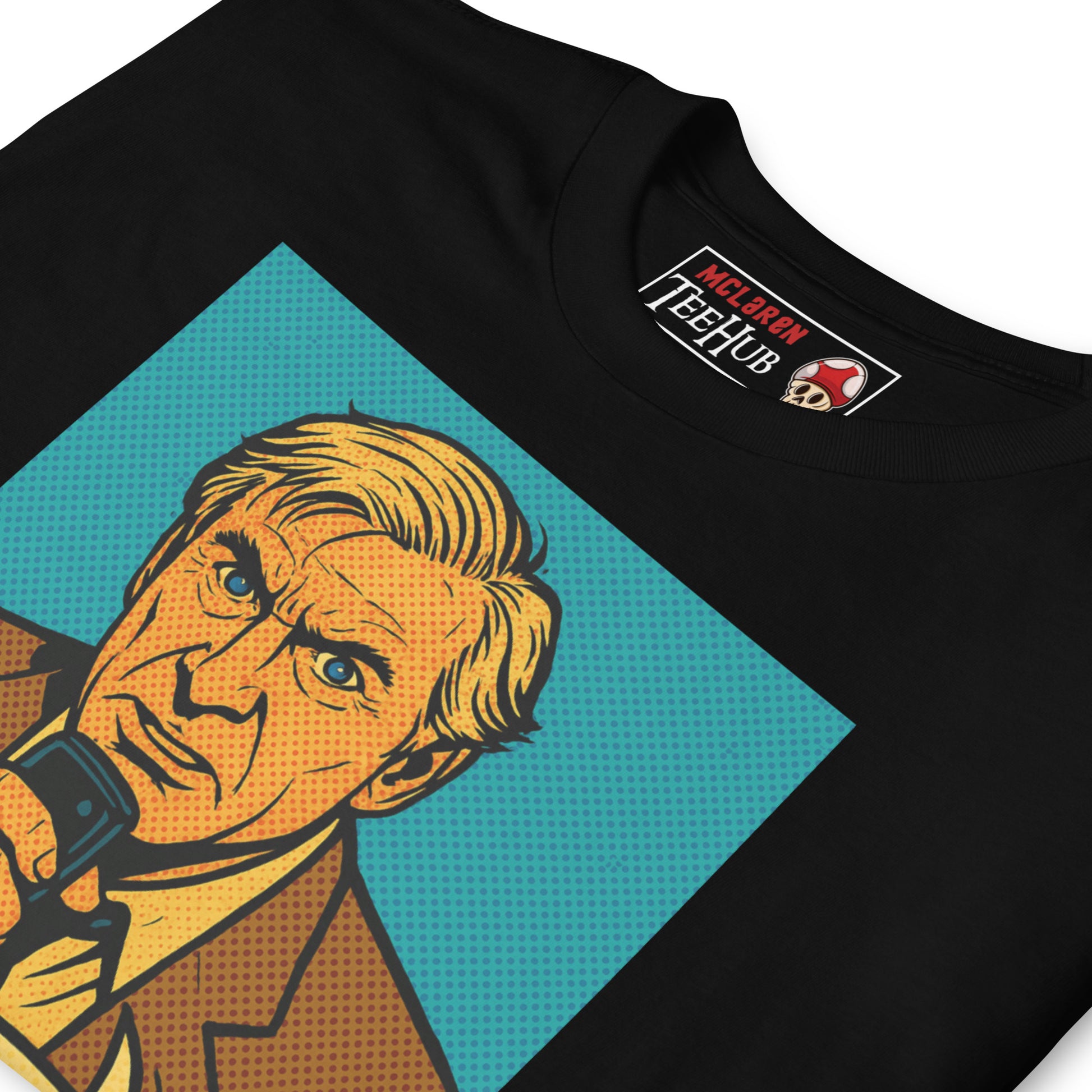 Black T-shirt featuring a comic-style illustration of Steve McCroskey from the movie 'Airplane!' with the quote 'Looks like I picked the wrong week to quit drinking.