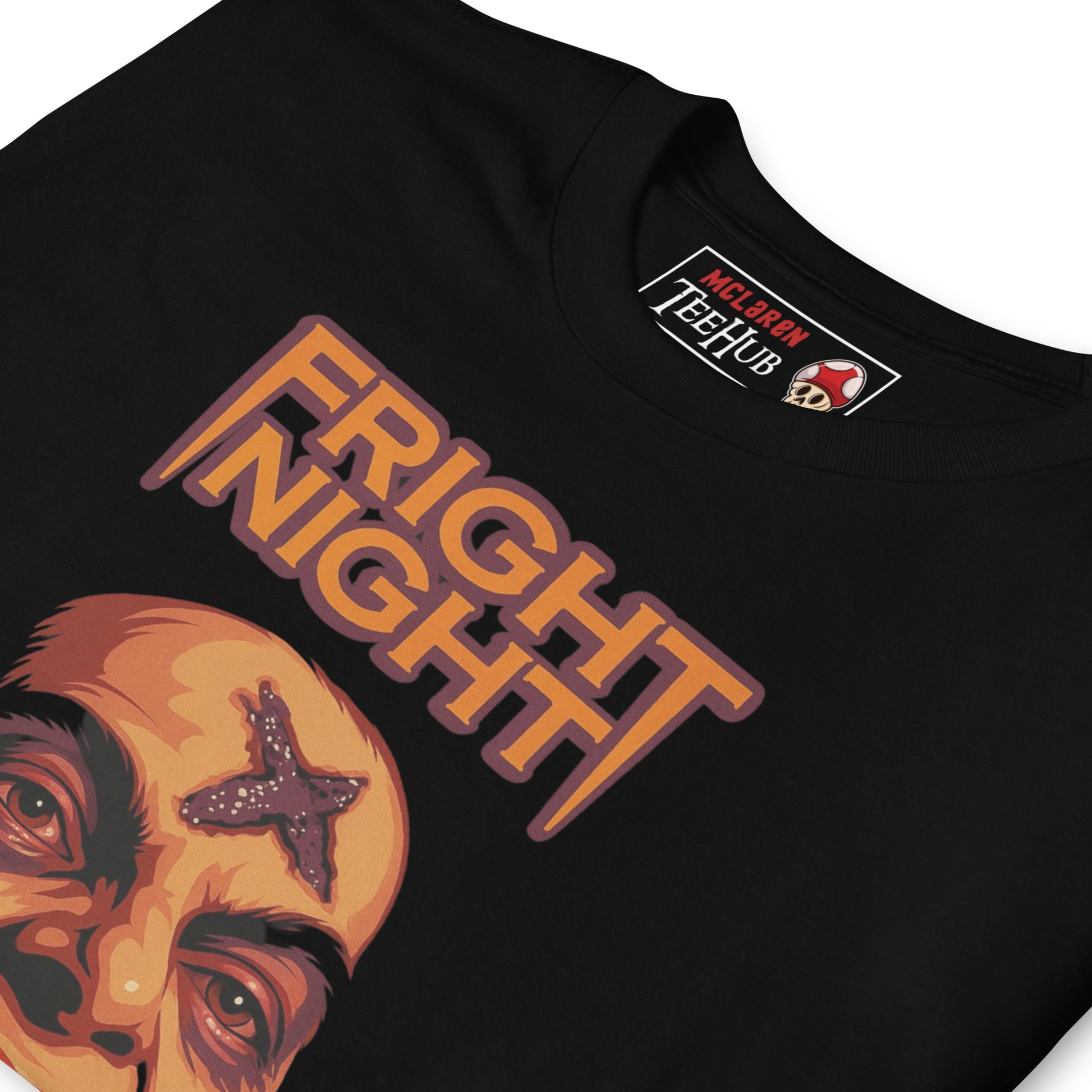 Black cotton Fright Night tee featuring vampire face with cross on forehead