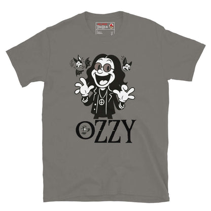 Cartoon Ozzy Osbourne bat T-shirt in retro style – Charcoal music graphic tee exclusive to McClaren Tee Hub