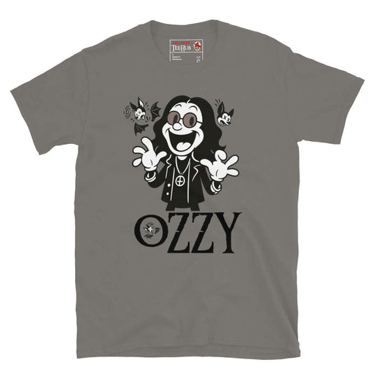 Cartoon Ozzy Osbourne bat T-shirt in retro style – Charcoal music graphic tee exclusive to McClaren Tee Hub