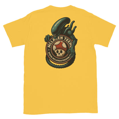 Large graphic on back of Daisy Yellow T-shirt featuring an alien creature wrapped around the McLaren Tee Hub skull mushroom emblem.