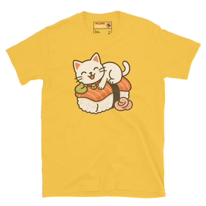 Daisy Yellow t-shirt featuring a kawaii cartoon cat lounging on a piece of salmon nigiri sushi with wasabi and ginger.