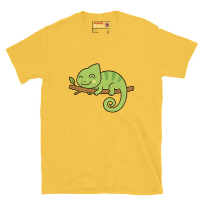 Daisy Yellow t-shirt with a green chameleon graphic on a white background