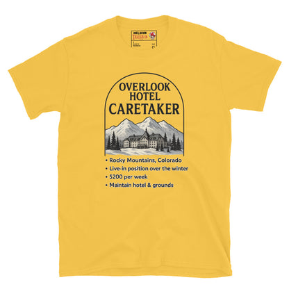 Daisy Yellow T-shirt featuring a faux job ad for the Overlook Hotel caretaker position with mountains and hotel graphic, inspired by The Shining.