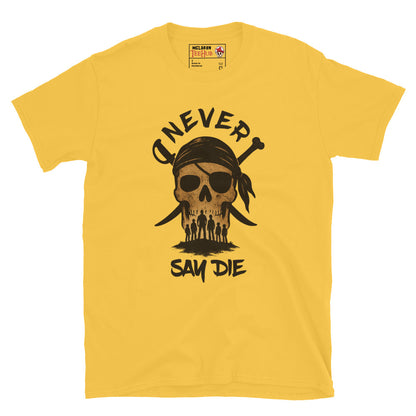 Daisy Yellow T-shirt with pirate skull graphic and silhouettes of the Goonies crew beneath the words “Never Say Die.”
