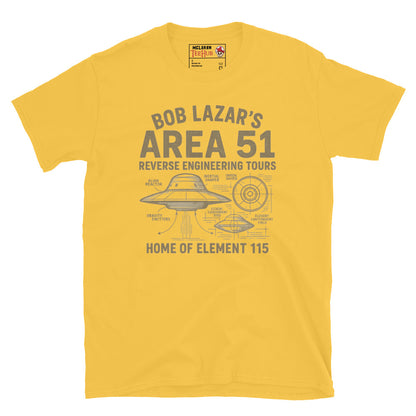 Daisy Yellow T-shirt featuring a vintage UFO schematic with labeled parts and text: “Bob Lazar’s Area 51 Reverse Engineering Tours – Home of Element 115.”