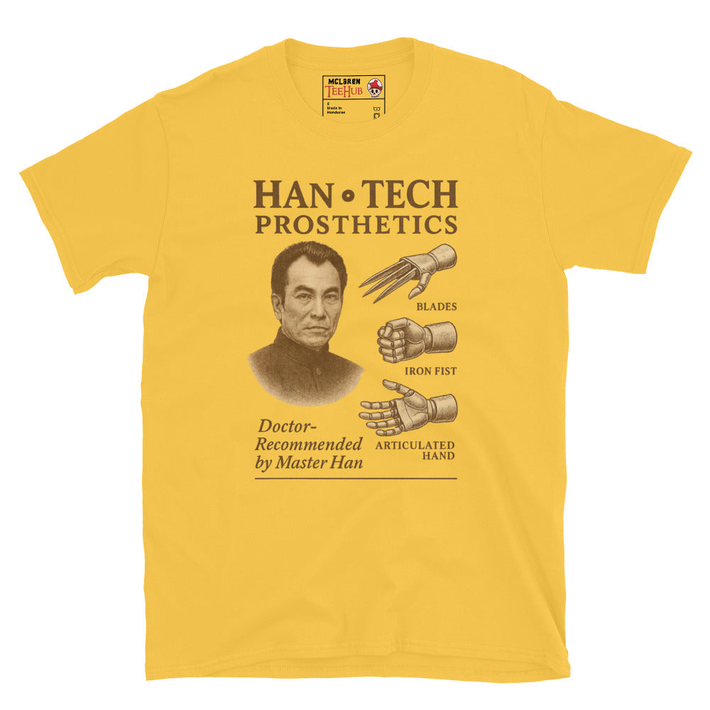 Daisy Yellow T-shirt featuring a vintage ad parody for Han-Tech Prosthetics with images of blade, iron fist, articulated hand, and Master Han from Enter the Dragon