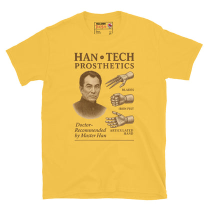 Daisy Yellow T-shirt featuring a vintage ad parody for Han-Tech Prosthetics with images of blade, iron fist, articulated hand, and Master Han from Enter the Dragon