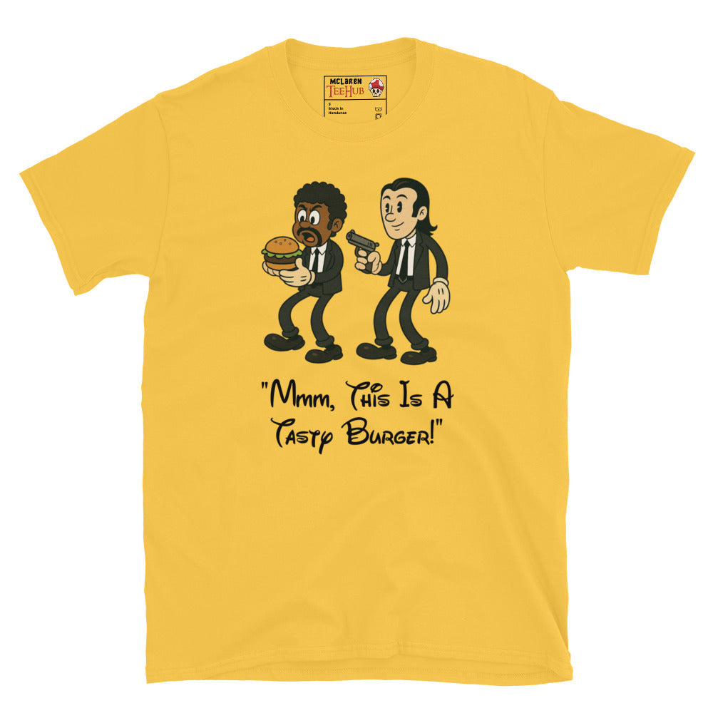 Daisy Yellow T-shirt with cartoon characters resembling Jules and Vincent from Pulp Fiction, holding a burger and a gun, with the quote “Mmm, This Is a Tasty Burger!”
