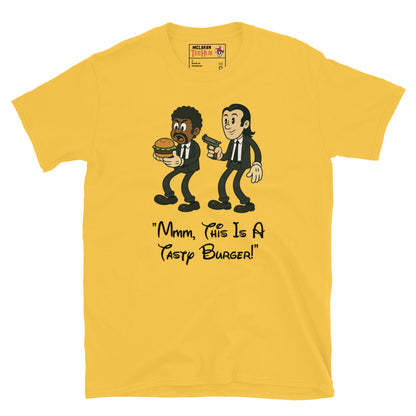 Daisy Yellow T-shirt with cartoon characters resembling Jules and Vincent from Pulp Fiction, holding a burger and a gun, with the quote “Mmm, This Is a Tasty Burger!”
