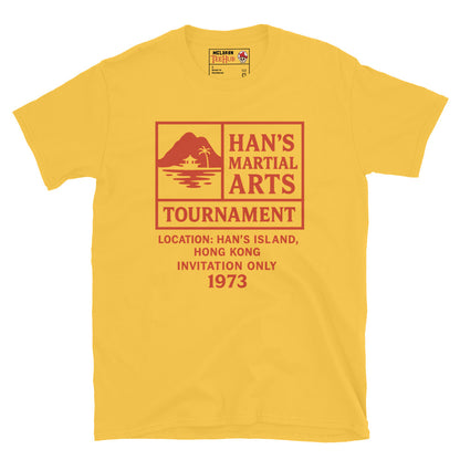 Daisy Yellow T-shirt with red graphic text: “Han’s Martial Arts Tournament – 1973 invitation only” inspired by Enter the Dragon.
