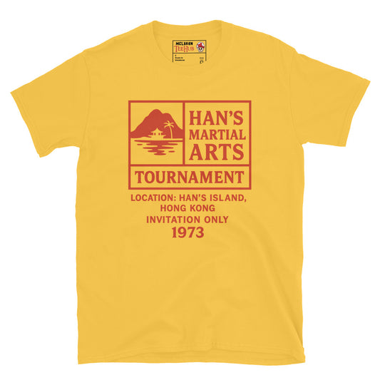 Daisy Yellow T-shirt with red graphic text: “Han’s Martial Arts Tournament – 1973 invitation only” inspired by Enter the Dragon.
