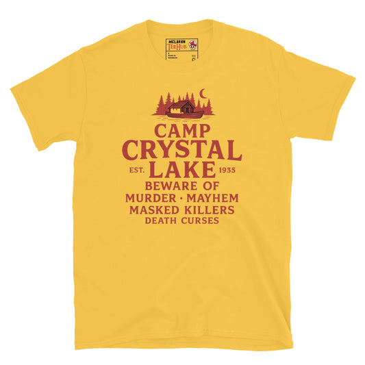 Yellow T-shirt featuring a red retro design of Camp Crystal Lake with horror warning text inspired by the Friday the 13th franchise.