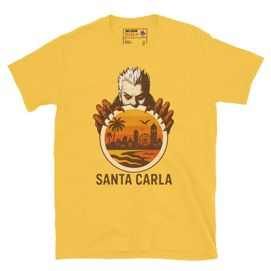 Daisy Yellow T-shirt featuring a vampire holding a sunset cityscape of Santa Carla, inspired by The Lost Boys movie.