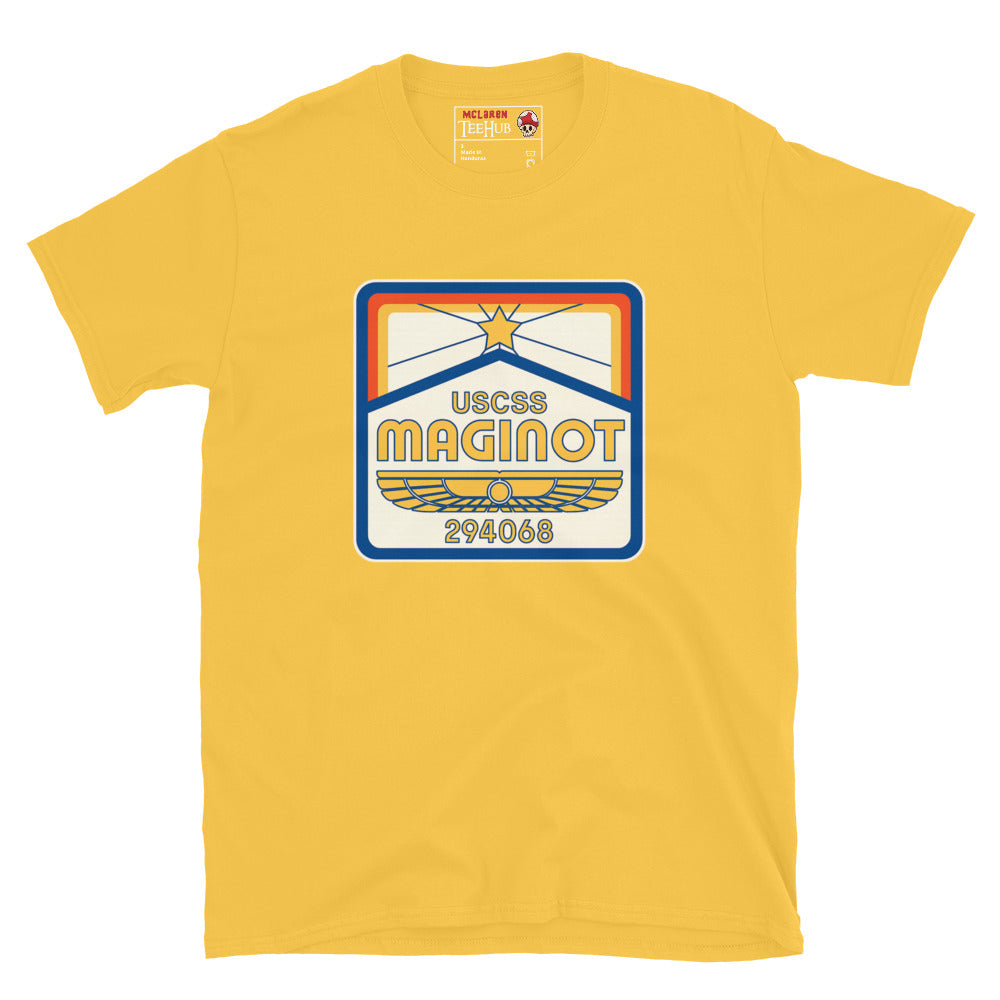 Daisy Yellow T-shirt with USCSS Maginot retro crew badge design – Aliens Earth inspired sci-fi fashion.