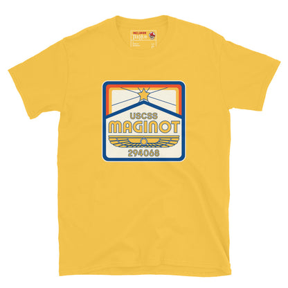 Daisy Yellow T-shirt with USCSS Maginot retro crew badge design – Aliens Earth inspired sci-fi fashion.