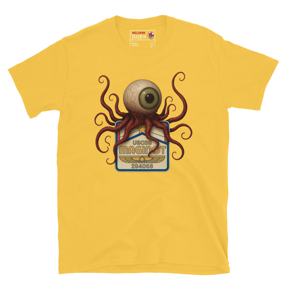Daisy Yellow Alien Earth T-shirt with USCSS Maginot badge and grotesque T-Ocellus monster – retro sci-fi horror design.