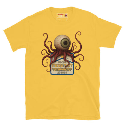 Daisy Yellow Alien Earth T-shirt with USCSS Maginot badge and grotesque T-Ocellus monster – retro sci-fi horror design.