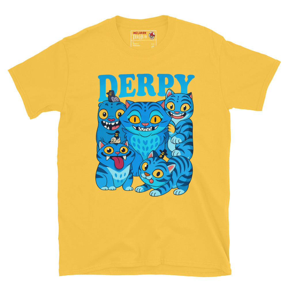 K-Pop Demon Hunters DERPY Demon daisy yellow T-Shirt featuring blue cartoon demon with playful expressions – Exclusive McLaren T-Hub design