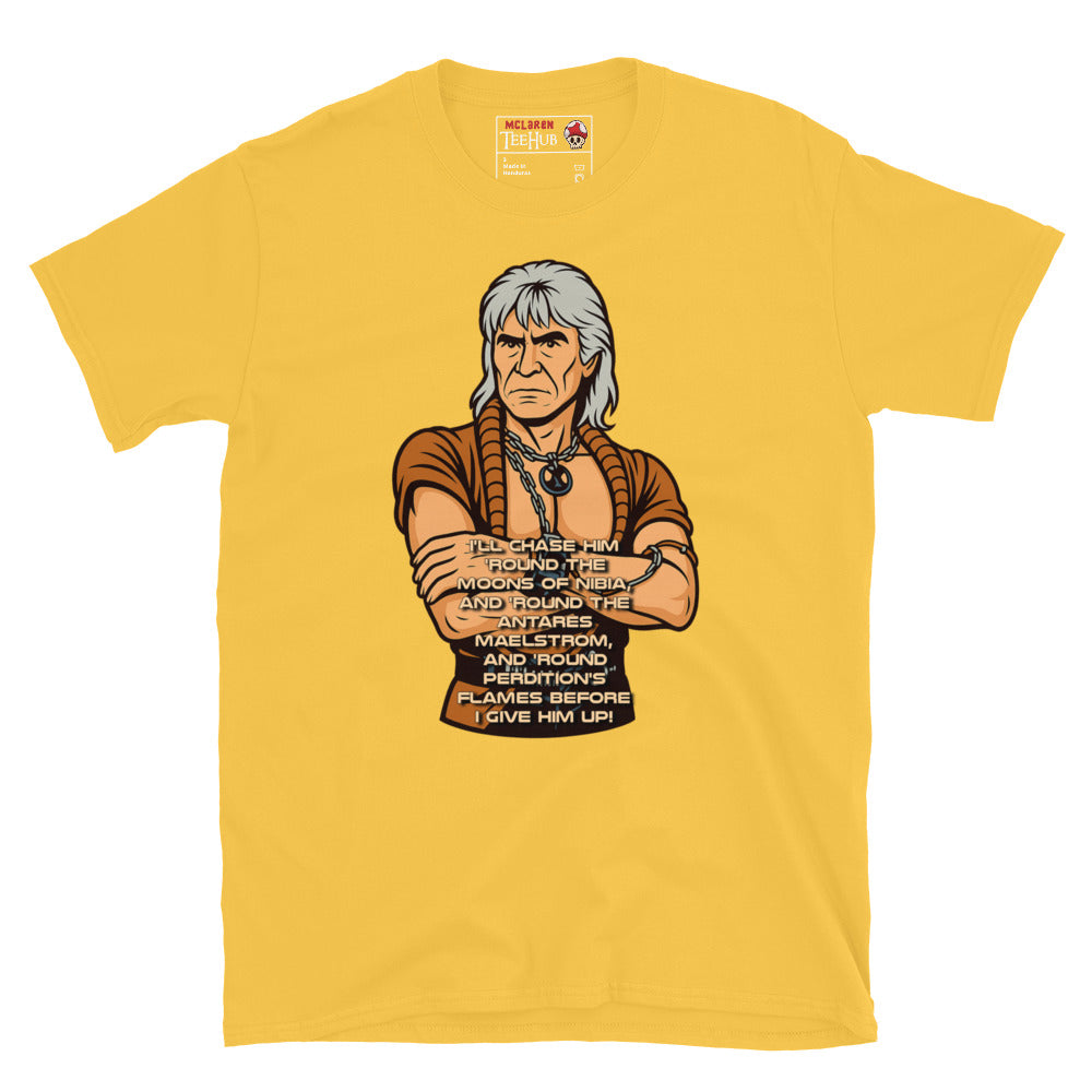 Stylized cartoon of Khan Noonien Singh from Star Trek II: The Wrath of Khan with famous quote printed below, exclusive McLaren TeeHub T-shirt. daisy Yellow Colour.