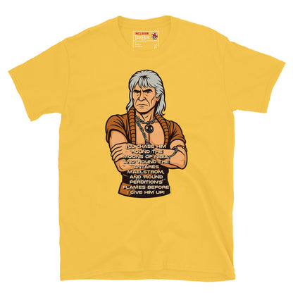 Stylized cartoon of Khan Noonien Singh from Star Trek II: The Wrath of Khan with famous quote printed below, exclusive McLaren TeeHub T-shirt. daisy Yellow Colour.