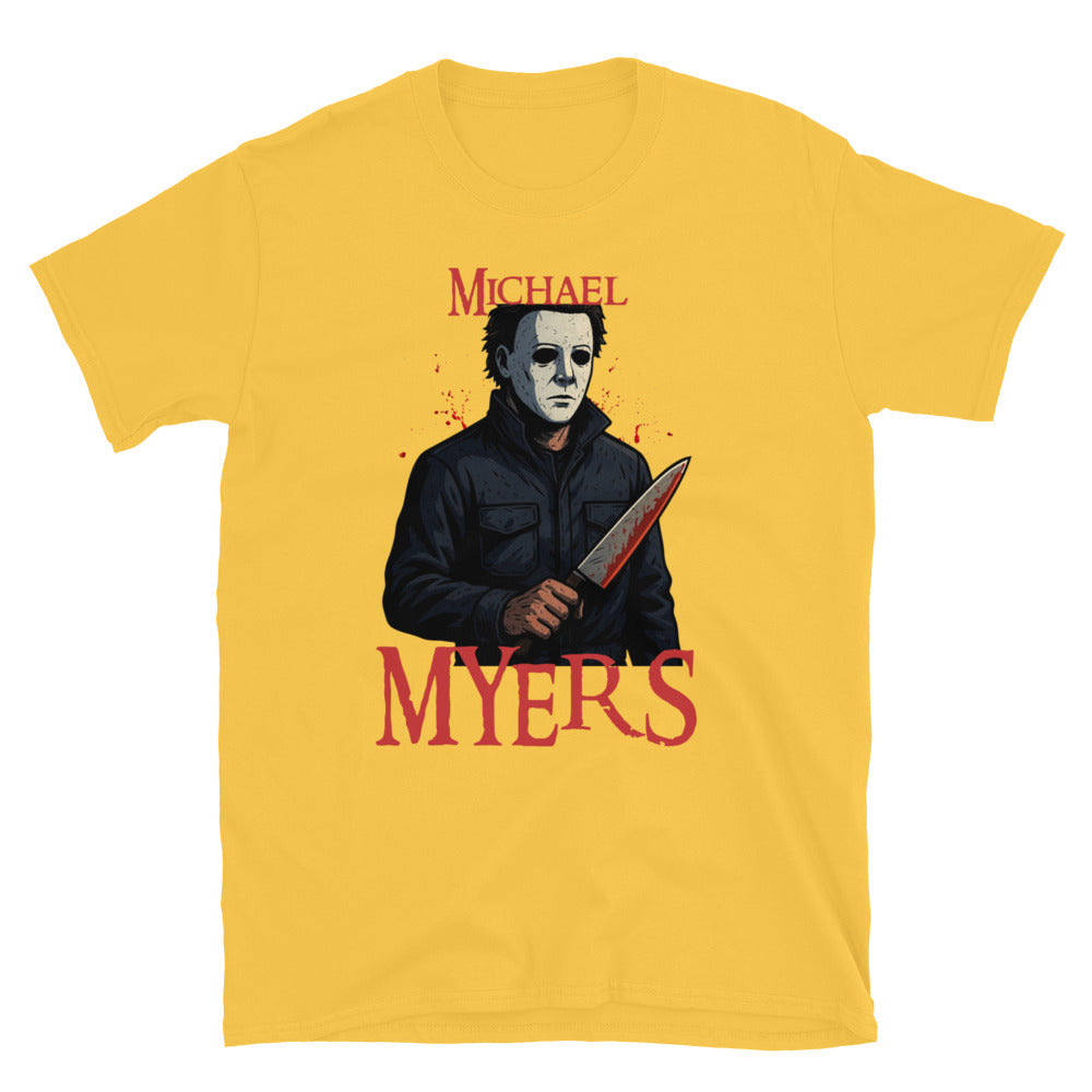 Michael Myers horror Daisy Yellow T-shirt – Halloween slasher graphic tee with bloody knife design, exclusive to McLaren TeeHub.