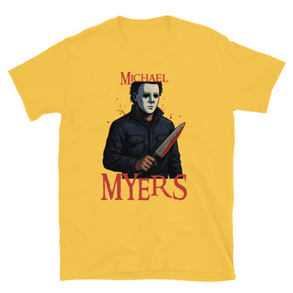 Michael Myers horror Daisy Yellow T-shirt – Halloween slasher graphic tee with bloody knife design, exclusive to McLaren TeeHub.