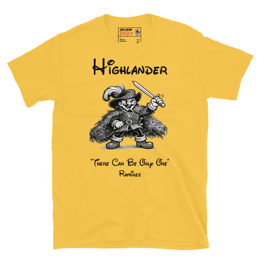 Highlander Ramirez rubber hose cartoon t-shirt featuring vintage 1930s animation style artwork and iconic fantasy movie quote. Daisy Yellow 