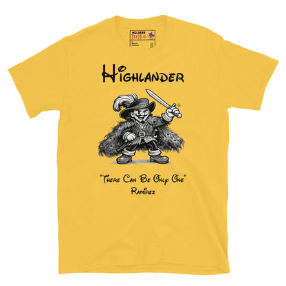 Highlander Ramirez rubber hose cartoon t-shirt featuring vintage 1930s animation style artwork and iconic fantasy movie quote. Daisy Yellow 