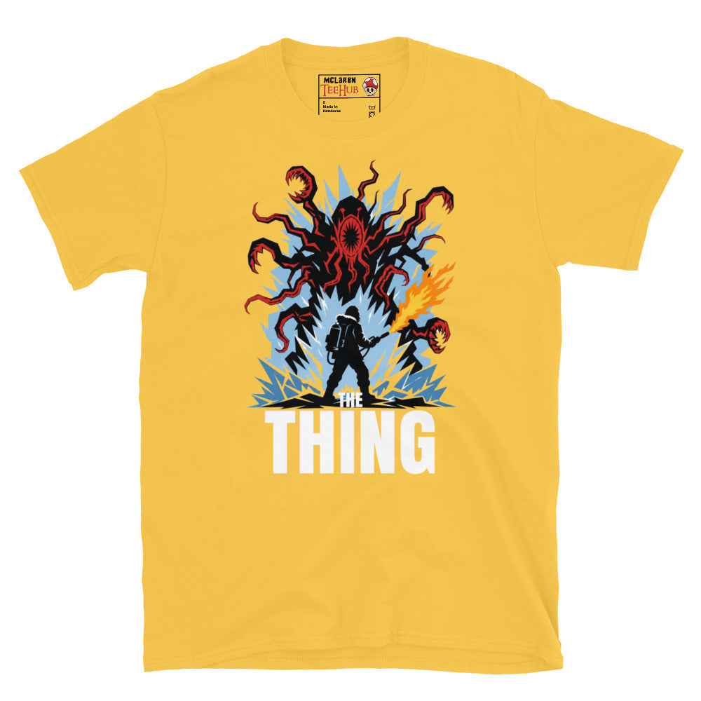 The Thing horror movie t-shirt featuring alien creature artwork and a flamethrower survivor in an Antarctic horror scene. Daisy Yellow 