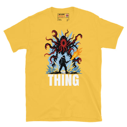 The Thing horror movie t-shirt featuring alien creature artwork and a flamethrower survivor in an Antarctic horror scene. Daisy Yellow 