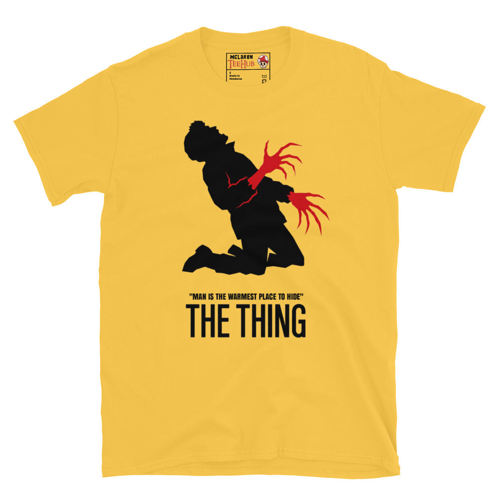 The Thing Bennings transformation t-shirt featuring minimalist horror artwork and the quote Man Is The Warmest Place To Hide. Daisy Yellow 