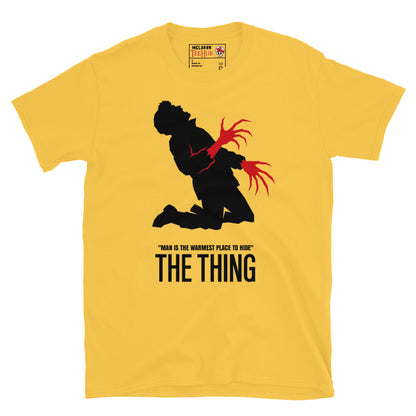 The Thing Bennings transformation t-shirt featuring minimalist horror artwork and the quote Man Is The Warmest Place To Hide. Daisy Yellow 
