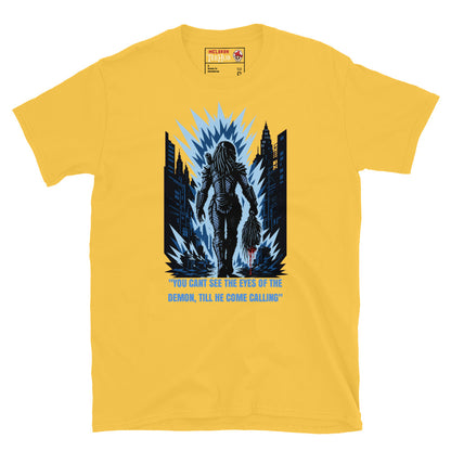 King Willie Predator inspired t-shirt featuring urban hunter artwork and iconic sci-fi horror quote design. Daisy Yellow 