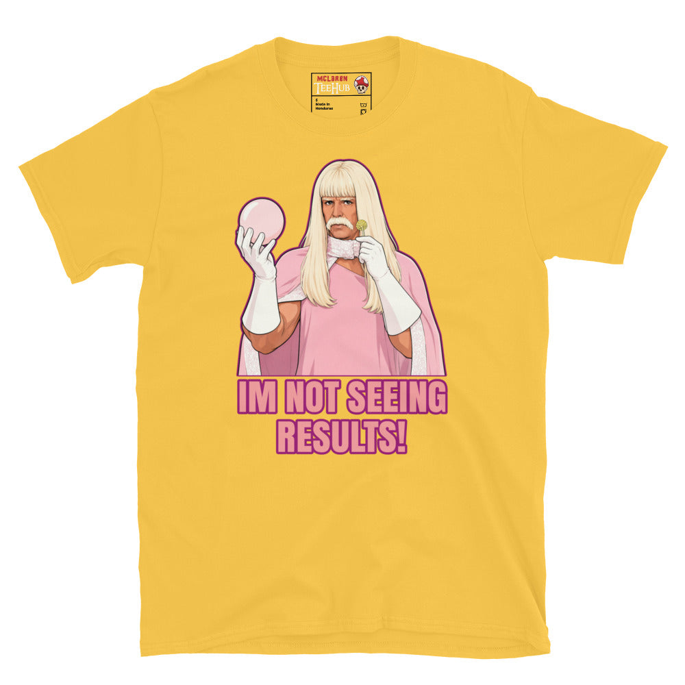 Gentlemen Broncos inspired t-shirt featuring humorous comedy artwork and the phrase I'm Not Seeing Results. Daisy Yellow 
