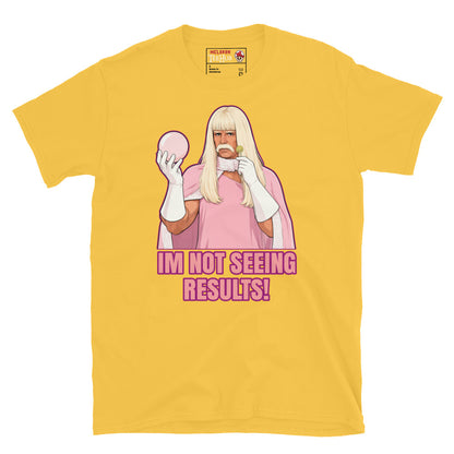 Gentlemen Broncos inspired t-shirt featuring humorous comedy artwork and the phrase I'm Not Seeing Results. Daisy Yellow 