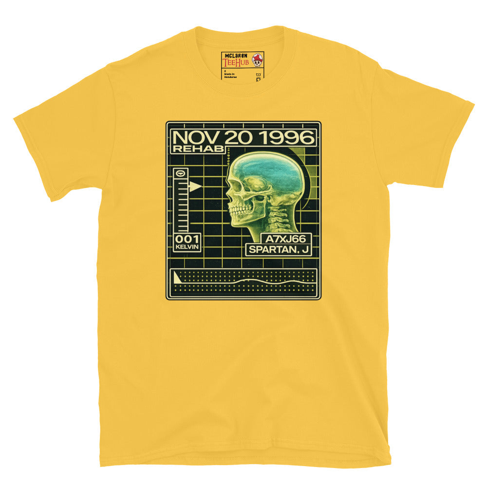 John Spartan The Demolition Man Cryo Readout inspired t-shirt featuring futuristic rehabilitation scanner artwork and retro sci-fi interface design. Daisy Yellow 