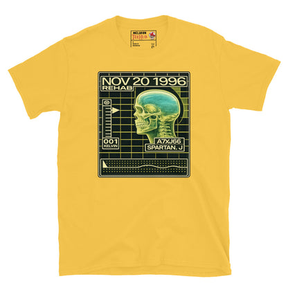 John Spartan The Demolition Man Cryo Readout inspired t-shirt featuring futuristic rehabilitation scanner artwork and retro sci-fi interface design. Daisy Yellow 