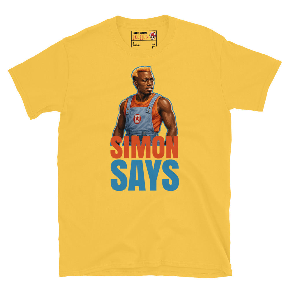Simon Says inspired t-shirt featuring the villain Simon Phoenix from the classic sci-fi action movie Demolition Man. Daisy Yellow 