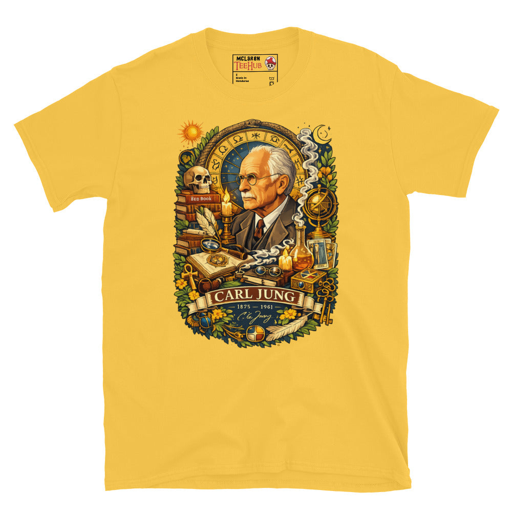 Detailed Carl Jung psychology graphic t-shirt featuring archetypes, alchemy, dream symbolism, books and analytical psychology imagery. Daisy Yellow 