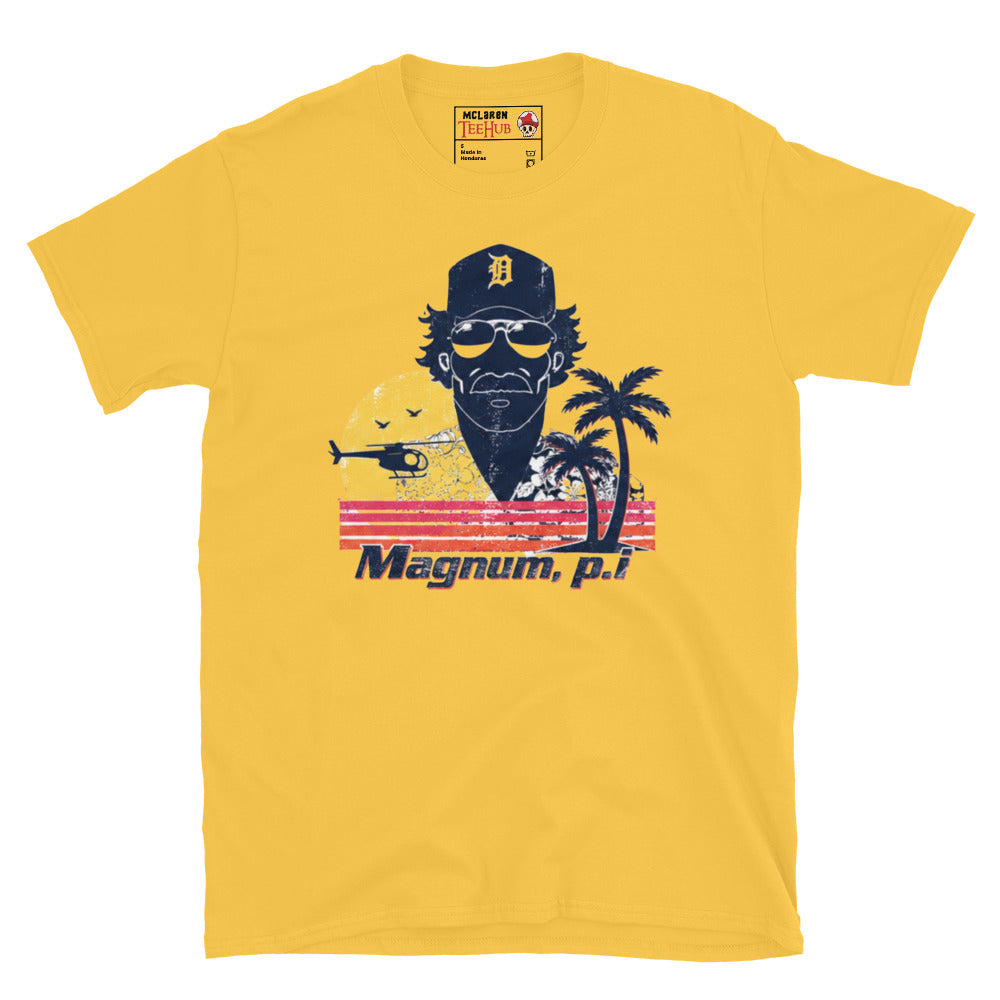 Daisy Yellow Magnum PI distressed retro t-shirt with vintage Hawaii sunset graphic featuring Detroit Tigers cap sunglasses and palm trees