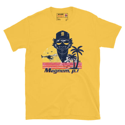 Daisy Yellow Magnum PI distressed retro t-shirt with vintage Hawaii sunset graphic featuring Detroit Tigers cap sunglasses and palm trees