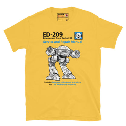 Daisy Yellow ED-209 RoboCop Service and Repair Manual t-shirt with Haynes style technical illustration of Enforcement Droid 209