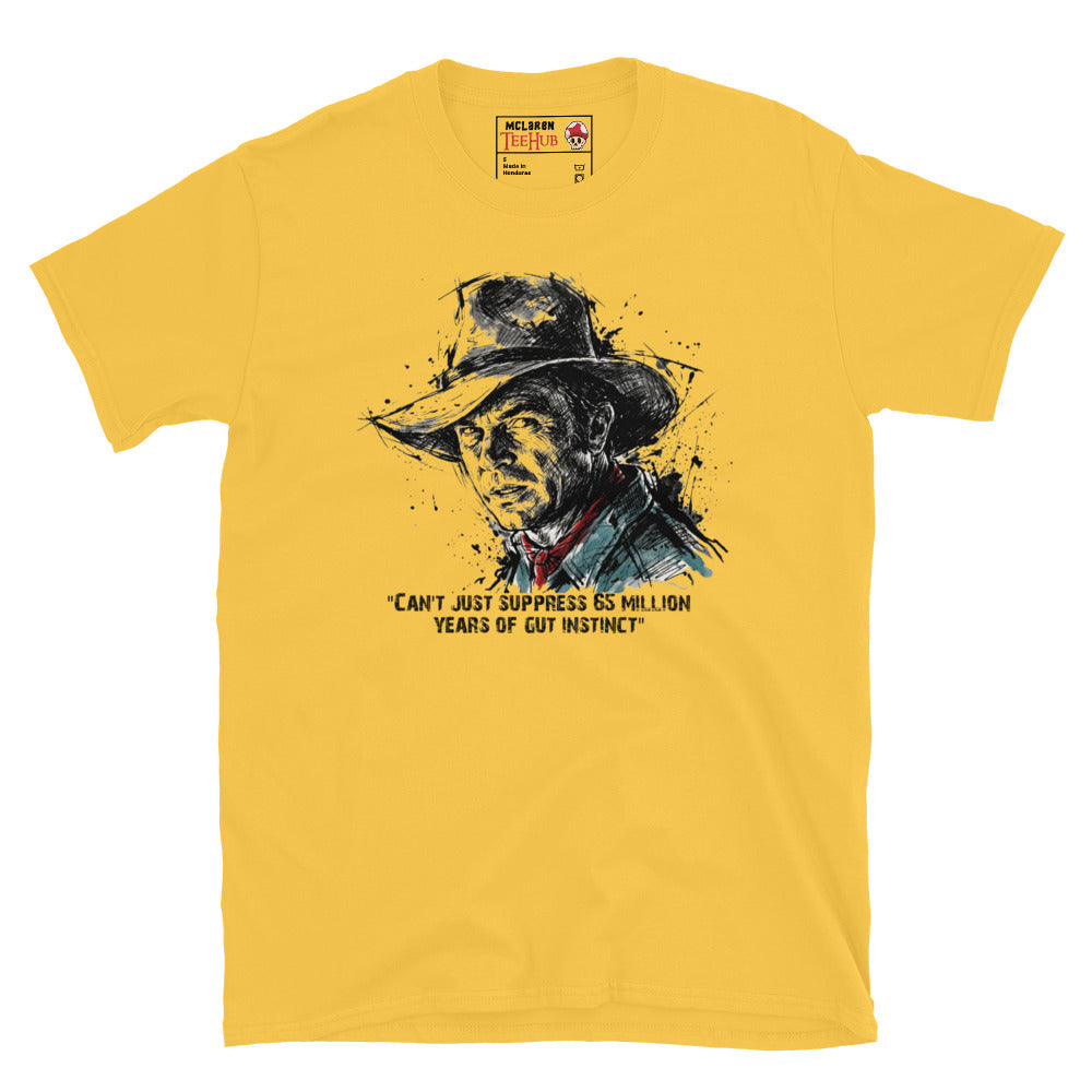 Daisy Yellow Dr Alan Grant Jurassic Park t-shirt with ink splatter sketch portrait and 65 million years of gut instinct quote in black teal and red
