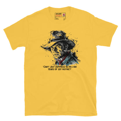 Daisy Yellow Dr Alan Grant Jurassic Park t-shirt with ink splatter sketch portrait and 65 million years of gut instinct quote in black teal and red