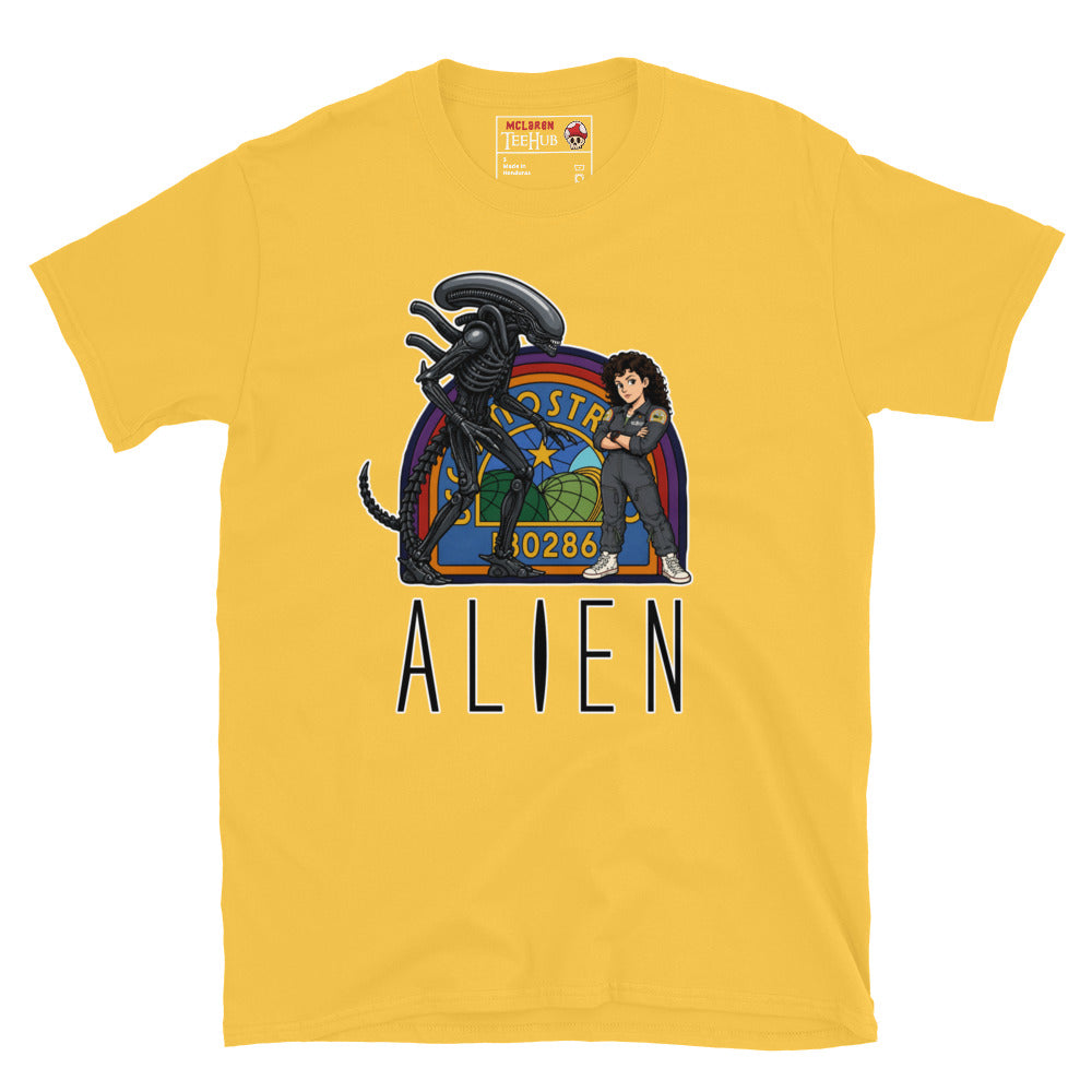 Daisy Yellow Alien movie retro poster t-shirt featuring Ellen Ripley leaning against Xenomorph in front of Nostromo badge with rainbow colours and ALIEN typography
